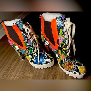Multi color faux snake skin lace up platform heel booties